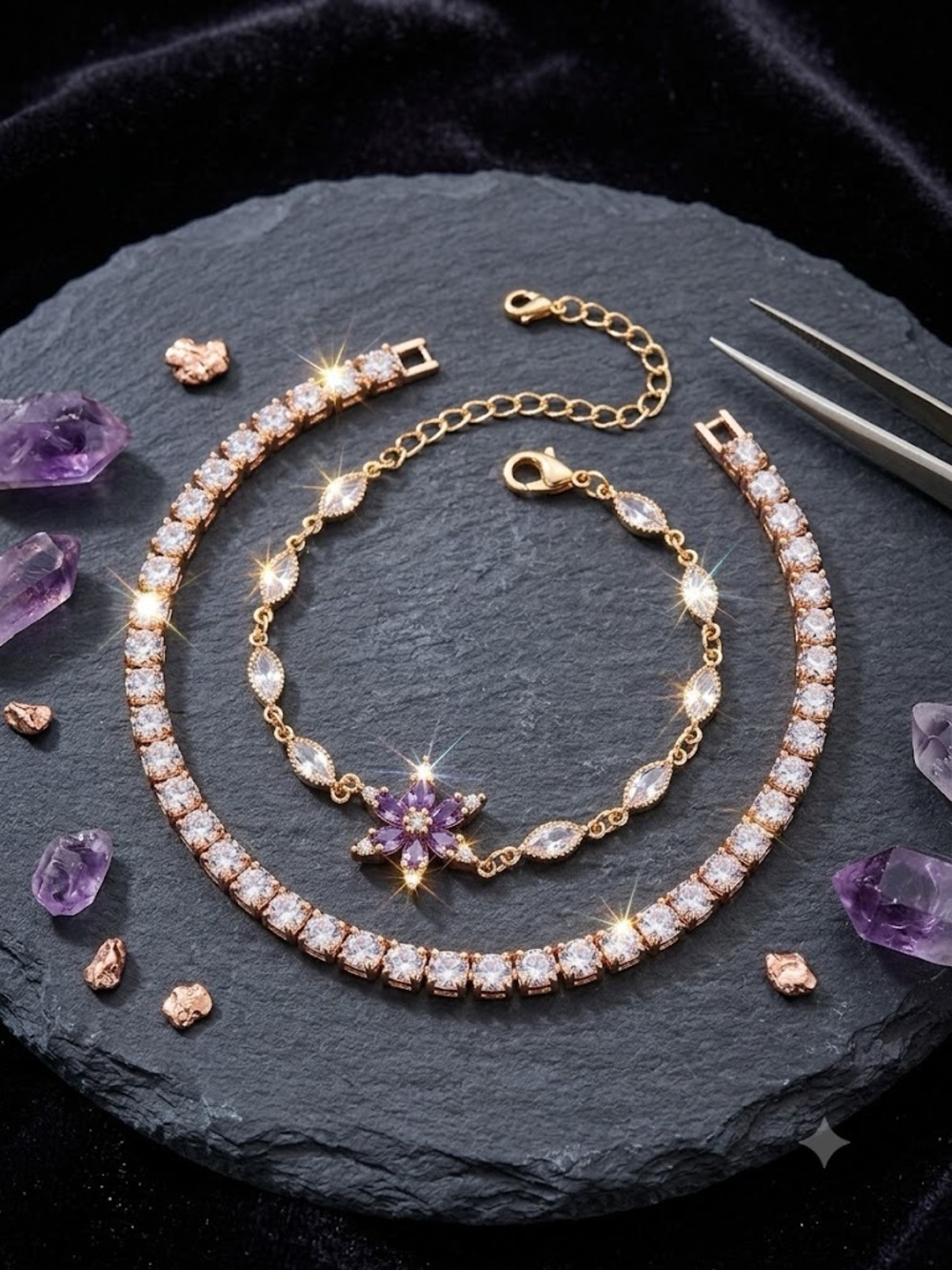 New 18k Gold Filled 2-Piece Bracelet Set • CZ Tennis & Flower Charm
